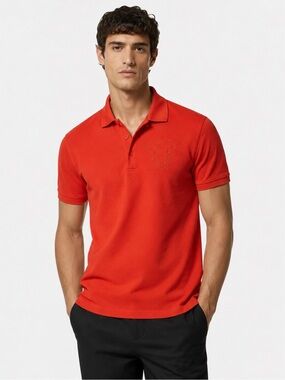 Versace Collection Polo Shirt Red Orange Cotton Embroidered Medusa Red Sz L